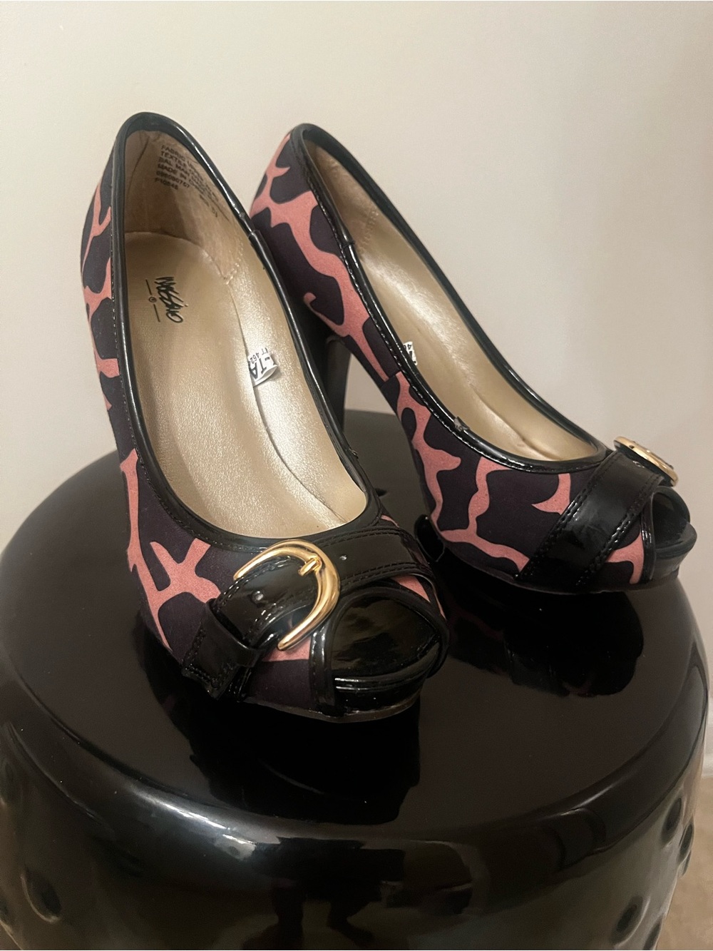 Mossimo Supply Co. Taupe and Black Peep-Toe Pumps with Gold Buckle Detail